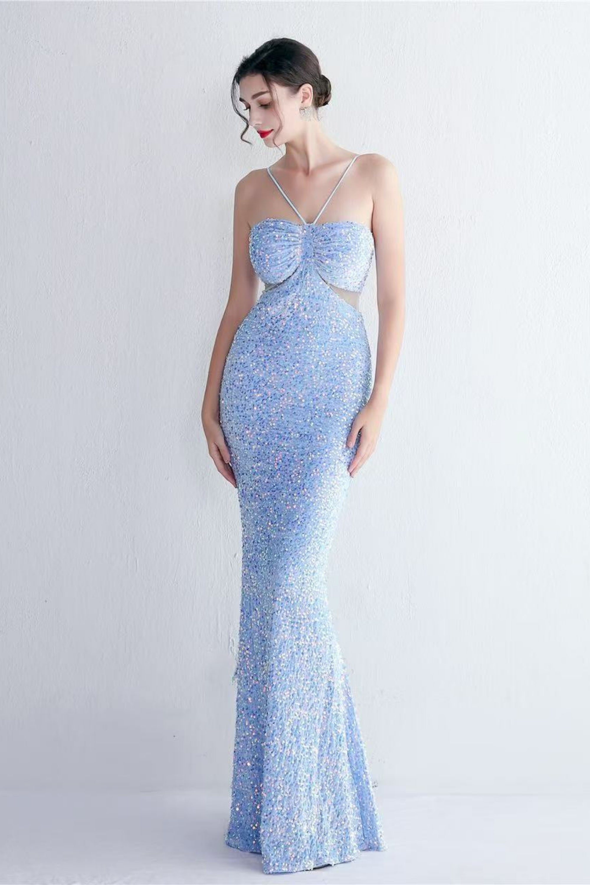 Flowering Girl Women MARIAN BLUE CUTOUT SEQUINS HALTER MAXI DRESS
