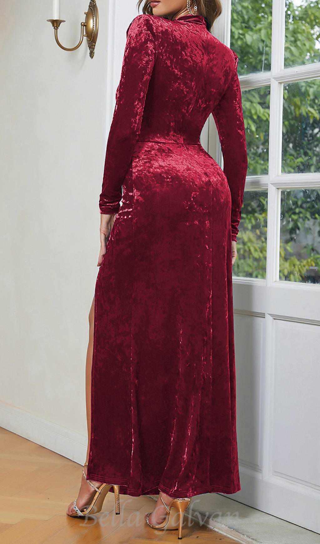 Flowering Girl Women Velvet High Neck Hollow Waist maxi Dress in burgundy