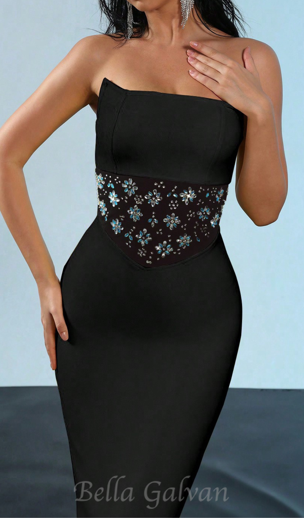Flowering Girl Women mesh splice rhinestone decor black maxi bandage dress