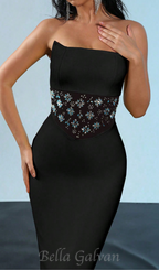 Flowering Girl Women mesh splice rhinestone decor black maxi bandage dress