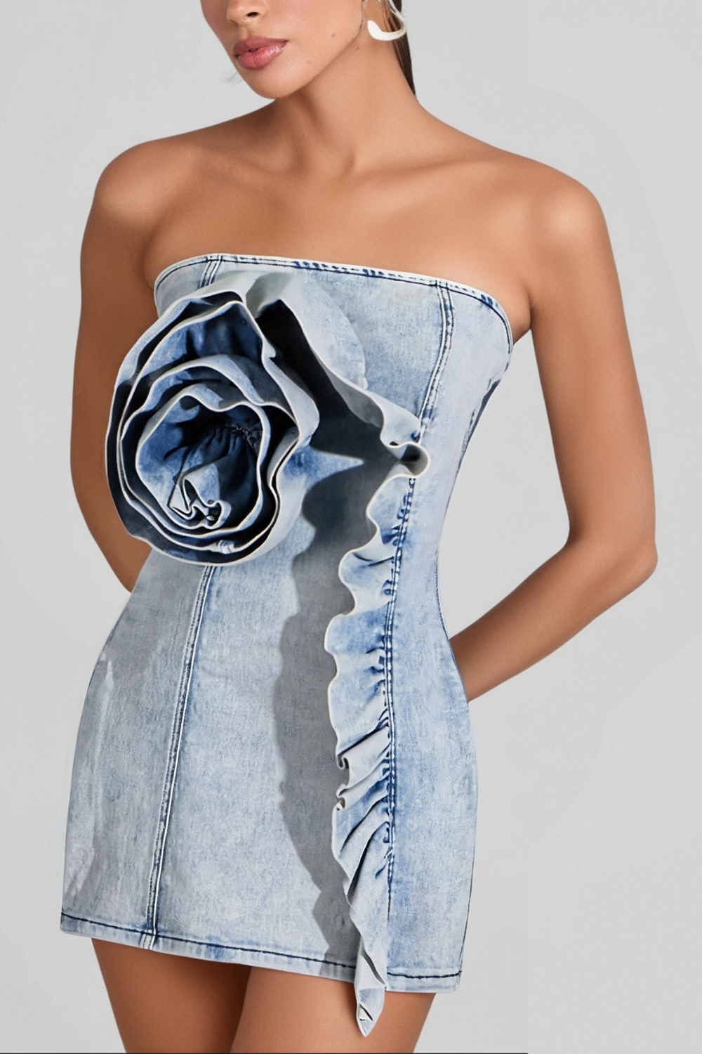 Flowering Girl Women Alison Blue Ruffled Trim Strapless Denim Mini Dress