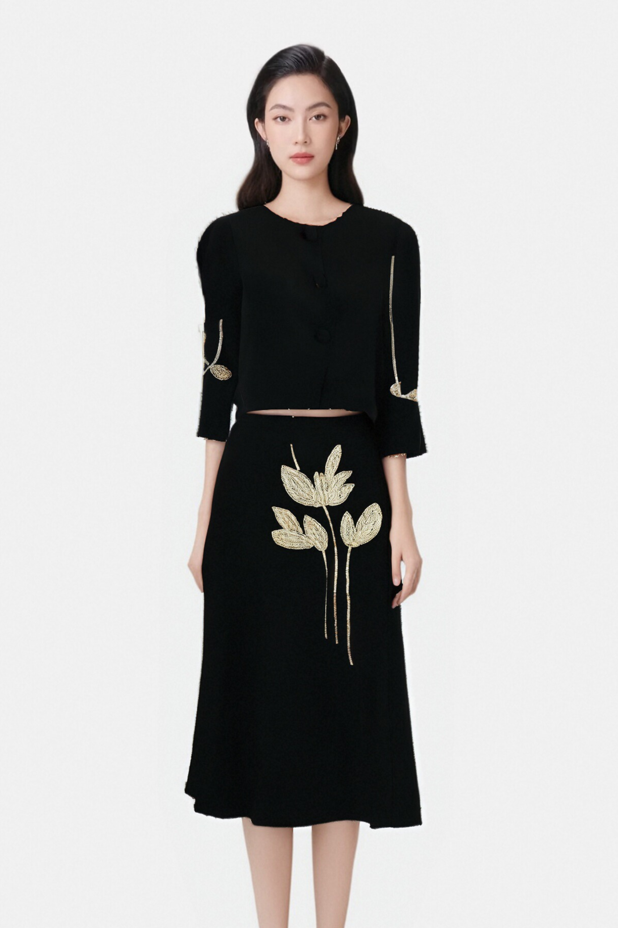 Flowering Girl Women Pauline Black Floral-Appliqué Jacket & Skirt Matching Set