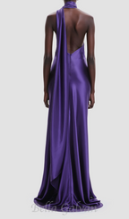 Flowering Girl Women satin wrap halter gown with flower in purple
