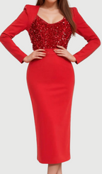 Flowering Girl Women MELISSA LONG SLEEVE PATCHWORK SEQUIN MIDI DRESS IN RED