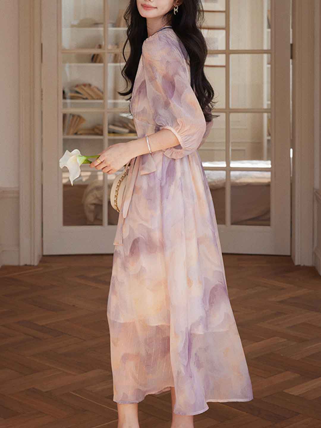 phoenix Classic V-Neck Floral Printed Tie Dress