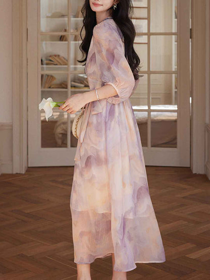 phoenix Classic V-Neck Floral Printed Tie Dress