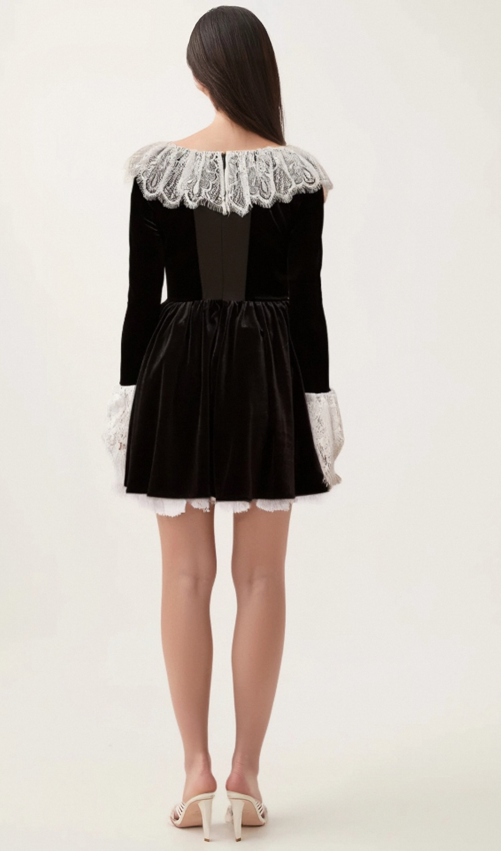 Flowering Girl Women Fabiana black lace-trimmed velvet mini dress
