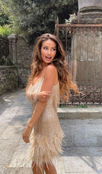Champagne Tassel Feather Mini Dress