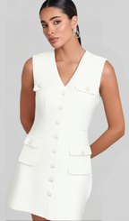 Flowering Girl Women Bouclé pearl-buttons knitted mini dress in white