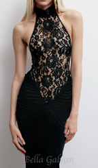 Flowering Girl Women carol black halter maxi dress with lace bodice