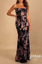 Flowering Girl Women Navy Blue Floral Print Velvet Strapless Maxi Dress
