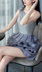 One Shoulder Mesh Mini Dress In Grey