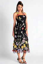 Flowering Girl Women Halter Embroider Floral Midi Dress In Black