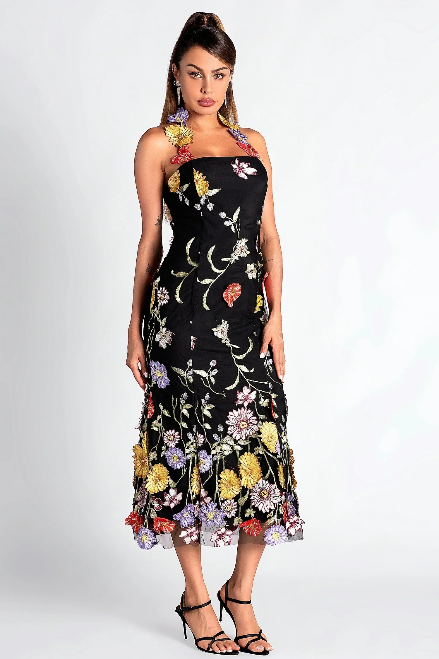 Flowering Girl Women Halter Embroider Floral Midi Dress In Black