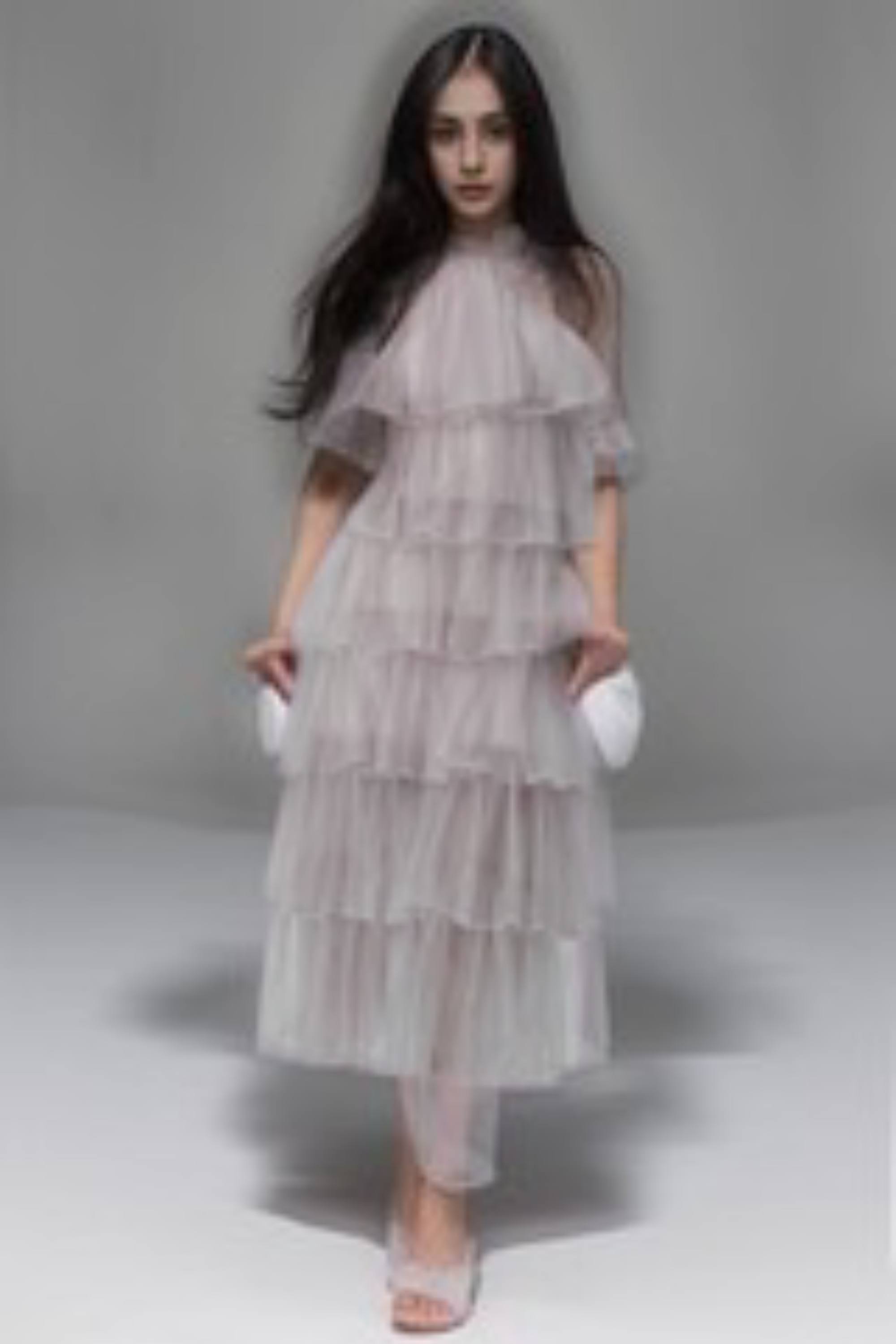 Flowering Girl Women Layered Ruffle Halter Dress With Sparkle Sheer Fabric
