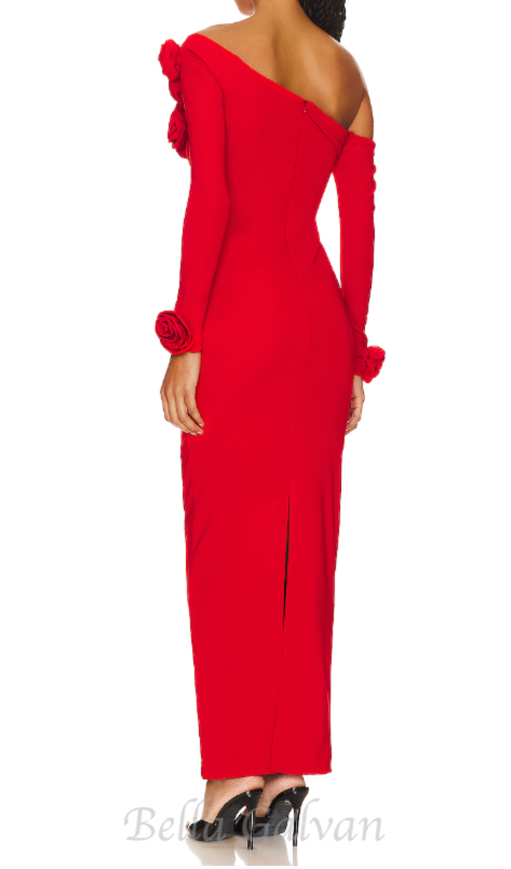 Flowering Girl Women off-shoulder flower embellished Gathered maxi Dress in red