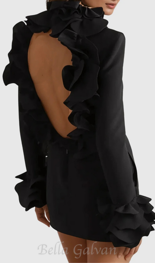 Flowering Girl Women Alessandro Ruffle Backless Mini Dress in black