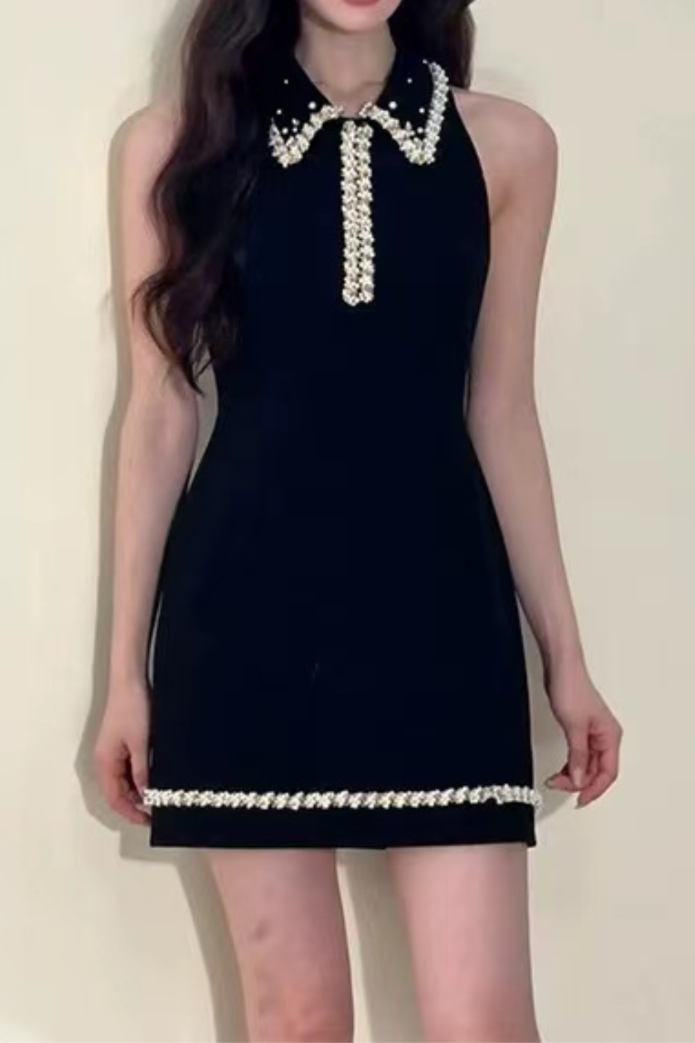 Flowering Girl Women pearl embellished gold chain splice mini dress in black