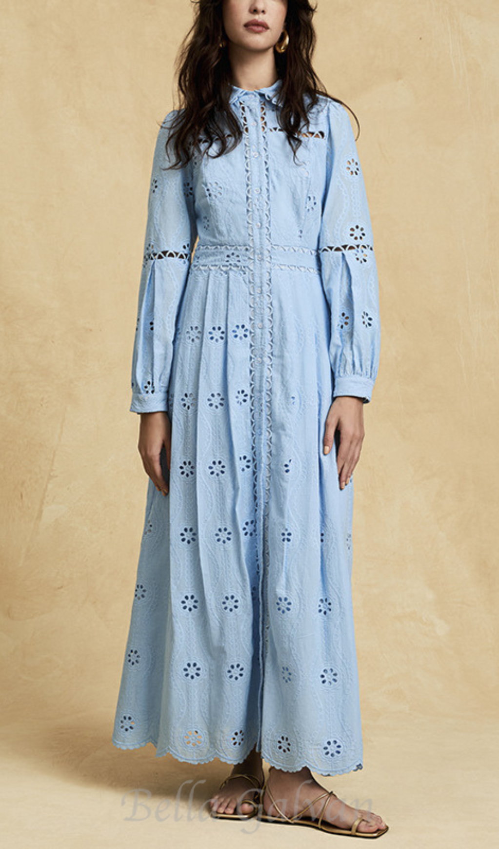 Flowering Girl Women retro single-breasted hollow lace midi dress in blue