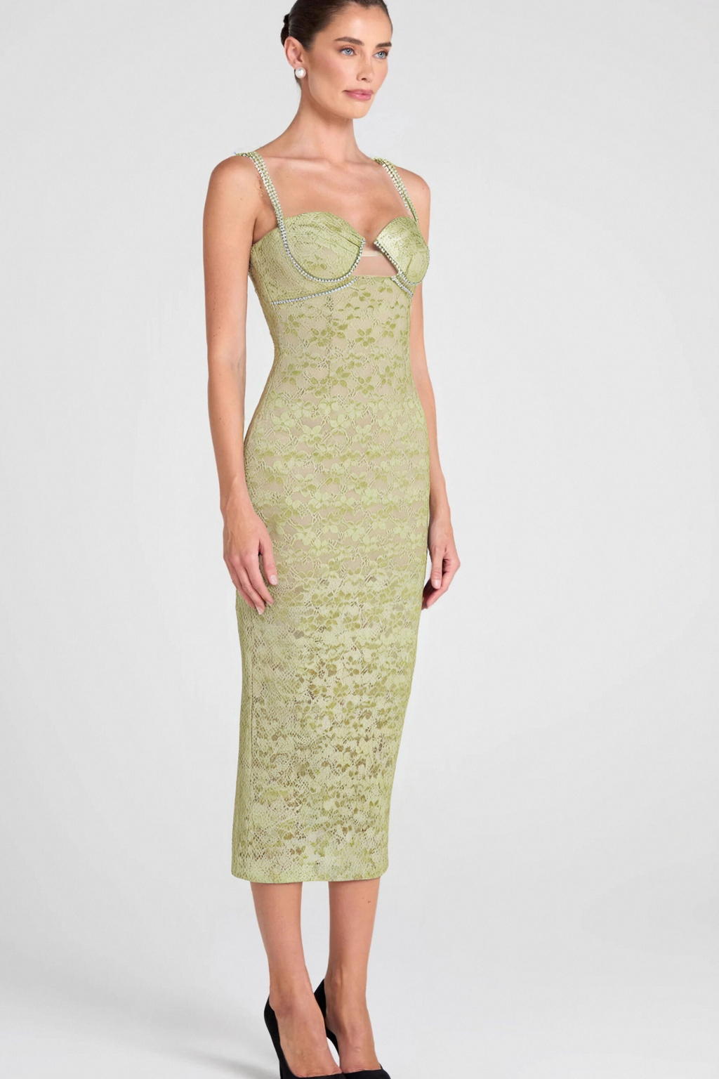 Flowering Girl Women Lace Floral Crystal Chain Bustier Midi Dress
