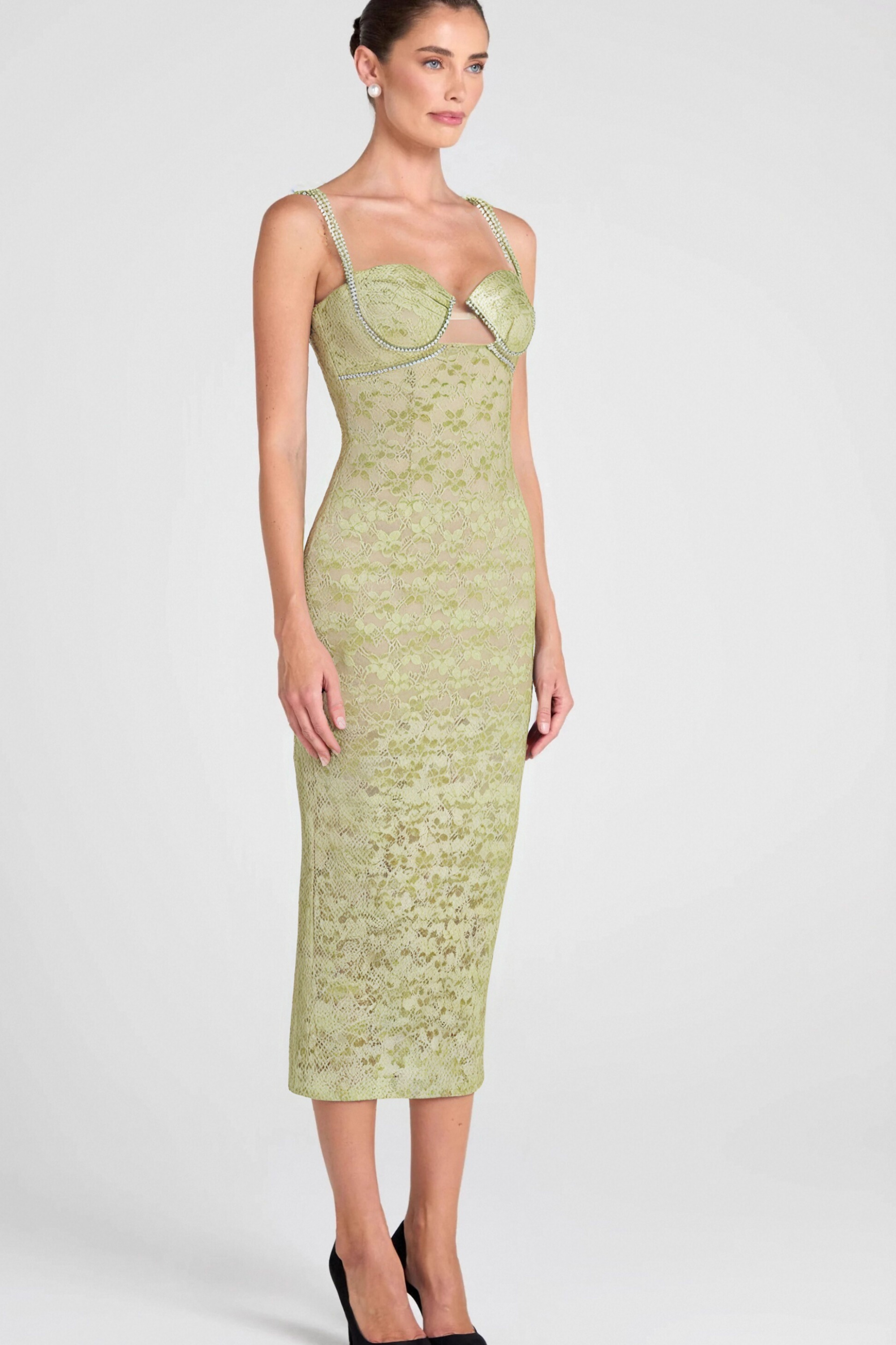 Flowering Girl Women Lace Floral Crystal Chain Bustier Midi Dress
