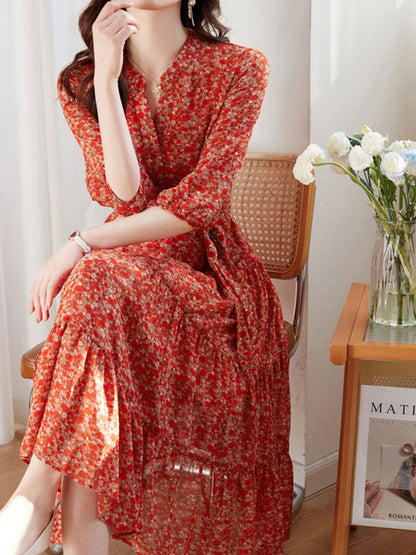 lyuba Vintage Ruffle Floral Chiffon Maxi Dress