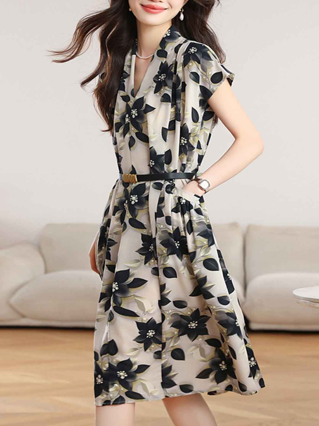 michelle Loose V-neck Chiffon A-line Dress