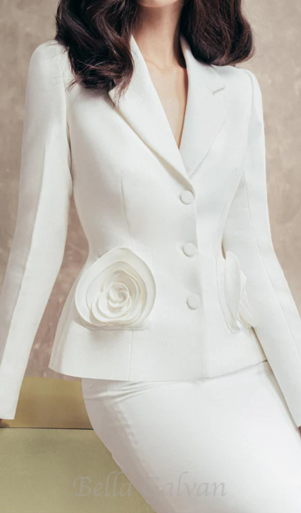 Flowering Girl Women flower embellished jacket skirt set in white