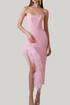 Flowering Girl Women Feather Trim Split Midi Dress In Bubblegum
