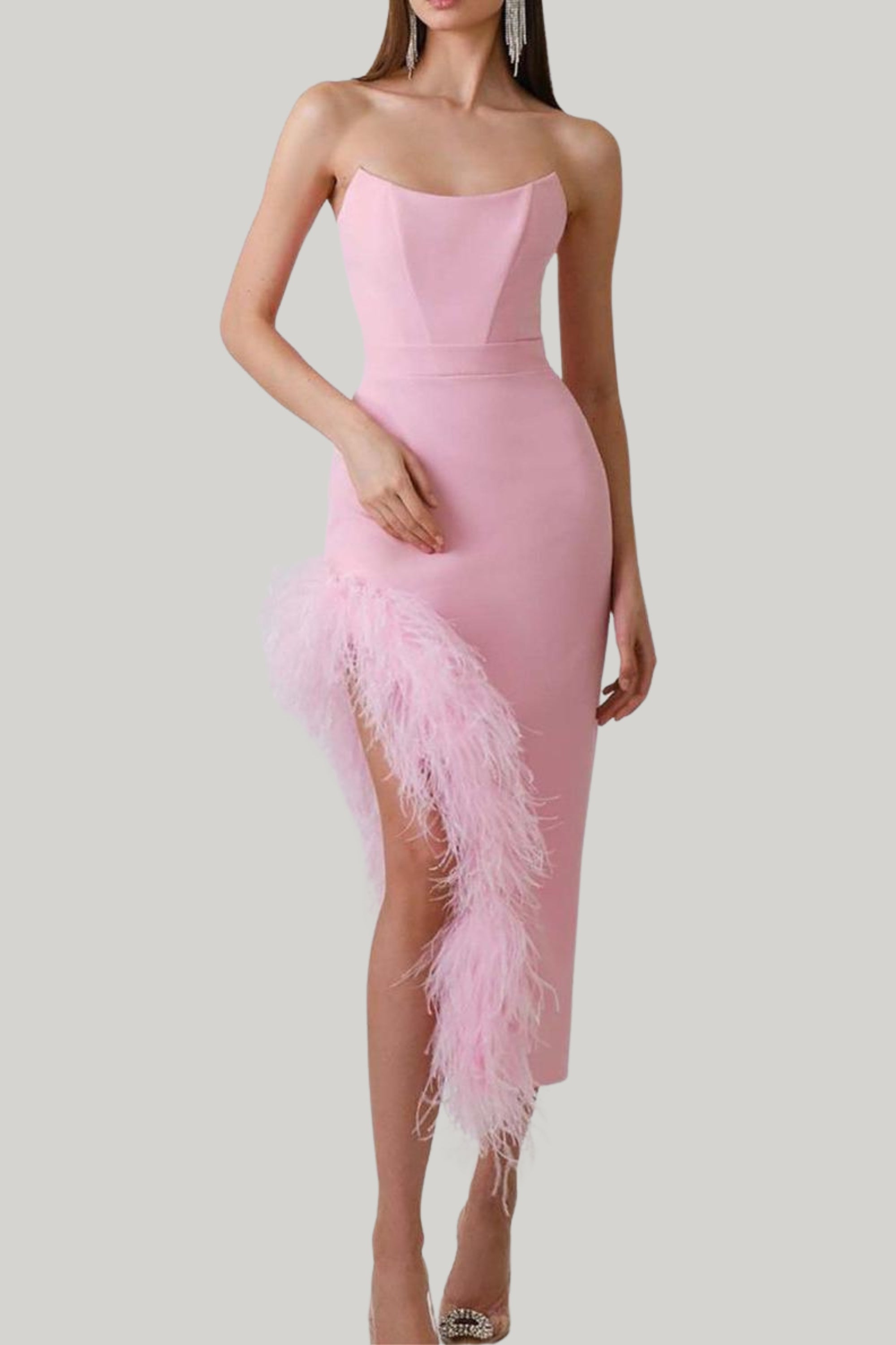 Flowering Girl Women Feather Trim Split Midi Dress In Bubblegum