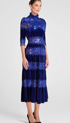 Flowering Girl Women Hollow Patchwork Velvet Dress In Blue