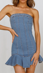 Flowering Girl Women ruffle trim Denim mini Dress in blue