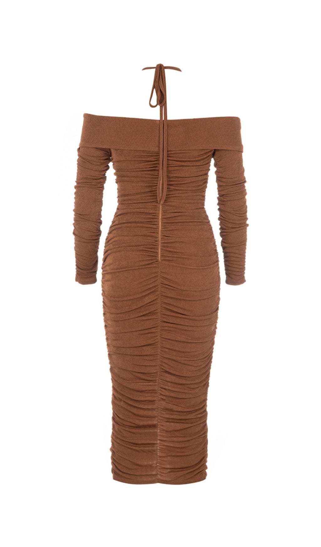 Flowering Girl Women Brown Off-The-Shoulder Pleated Long-Sleeved Midi Dress