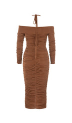 Flowering Girl Women Brown Off-The-Shoulder Pleated Long-Sleeved Midi Dress