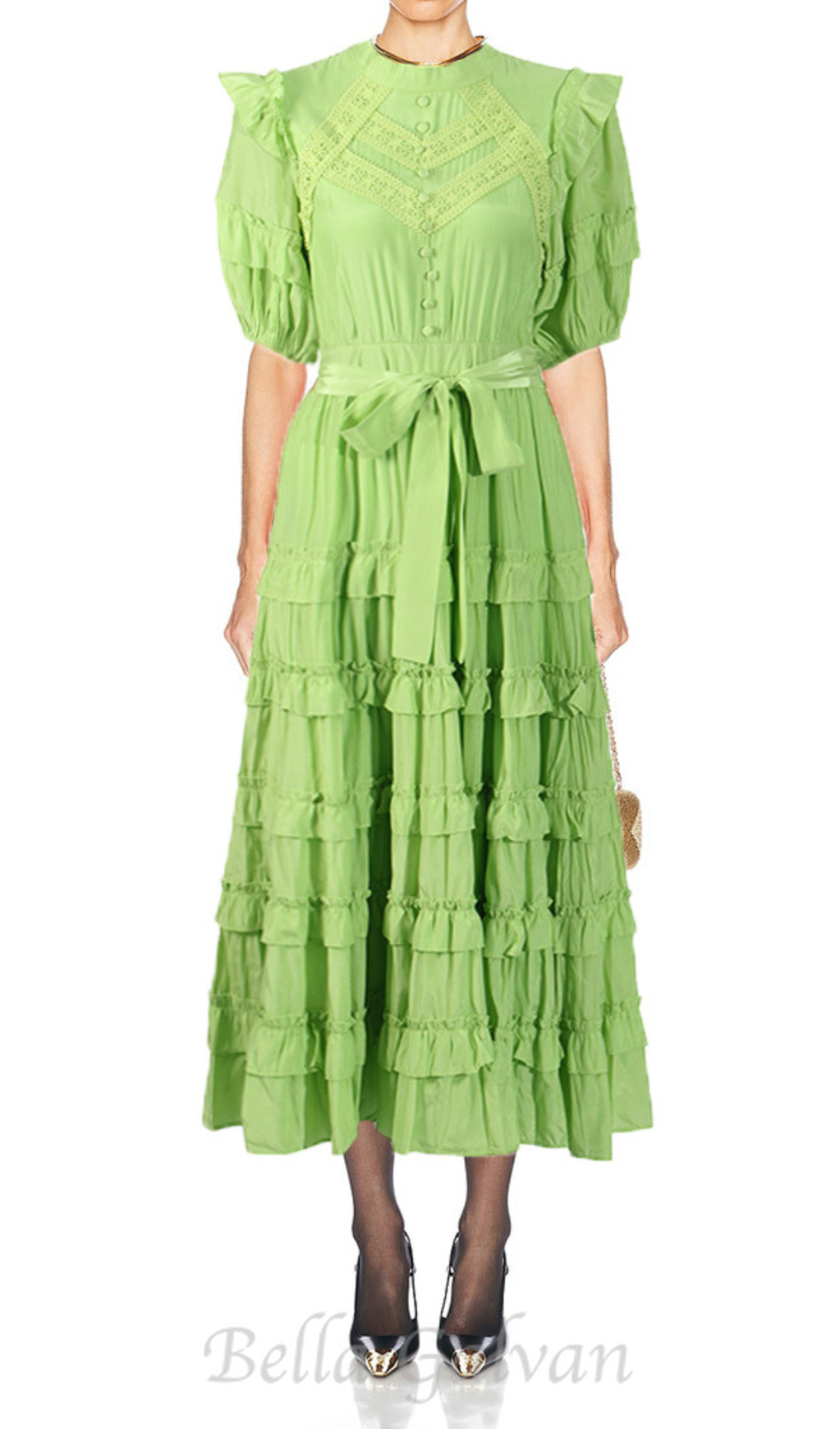 Flowering Girl Women Lace ruffle trim layer midi dress in green