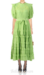 Flowering Girl Women Lace ruffle trim layer midi dress in green