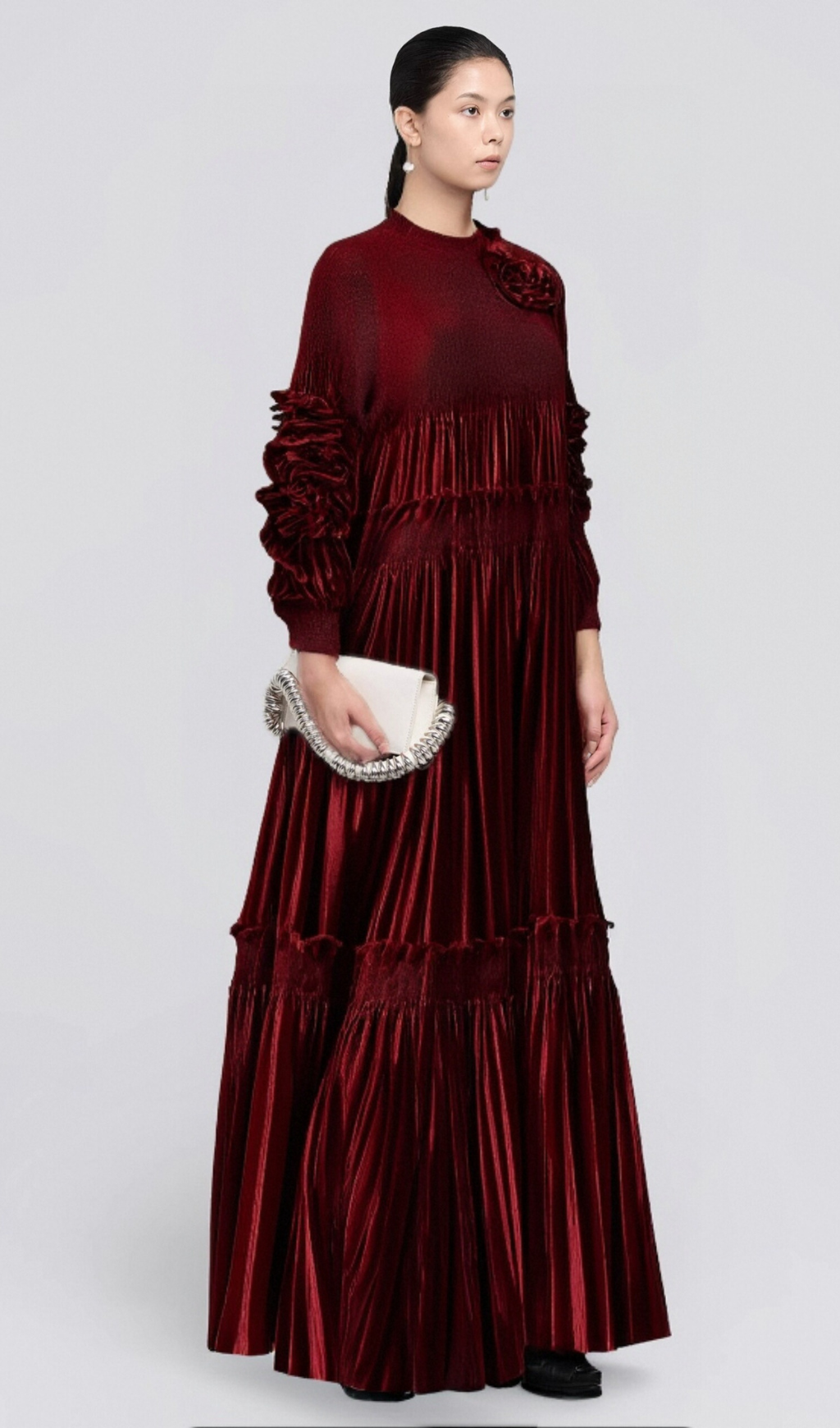 Flowering Girl Women Donna red floral-appliqué pleated velvet midi dress