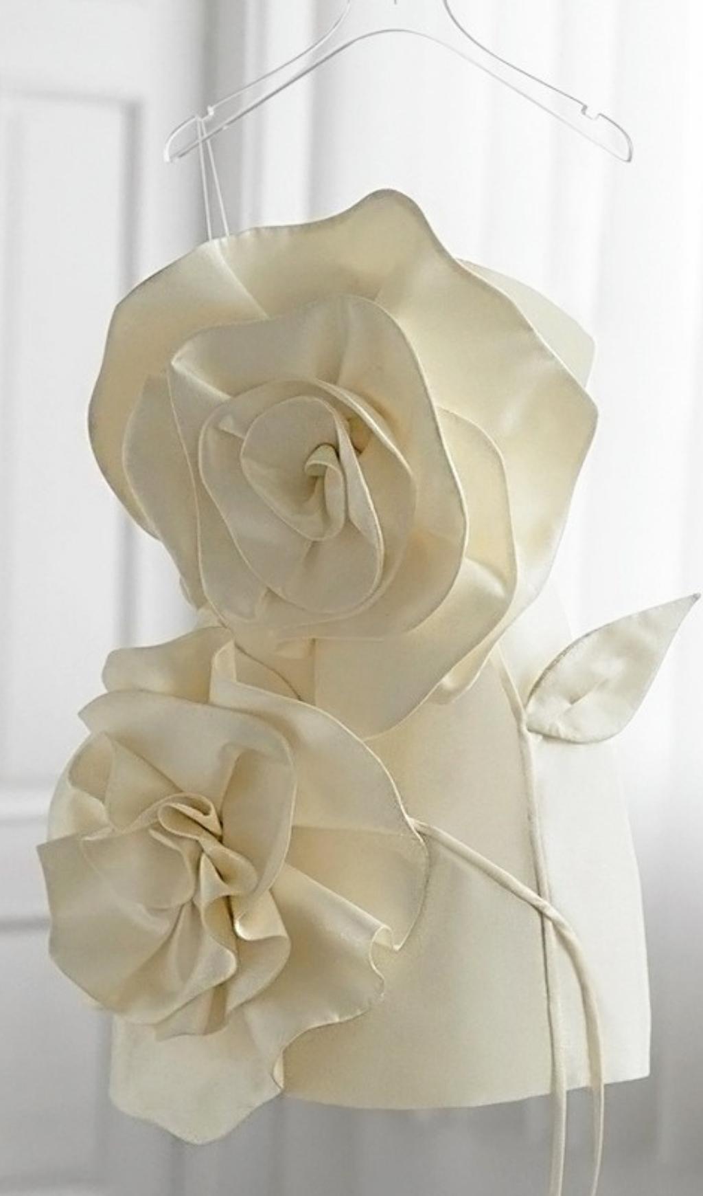 Beige Flower Strapless Bind Mini Dress