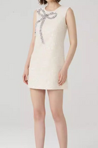 Flowering Girl Women Bow Sequin Tweed Sleeveless mini dress in white