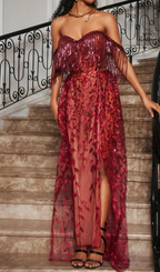 Flowering Girl Women belen Codruta Strapless Leafy Fringe Maxi Dress In Wine