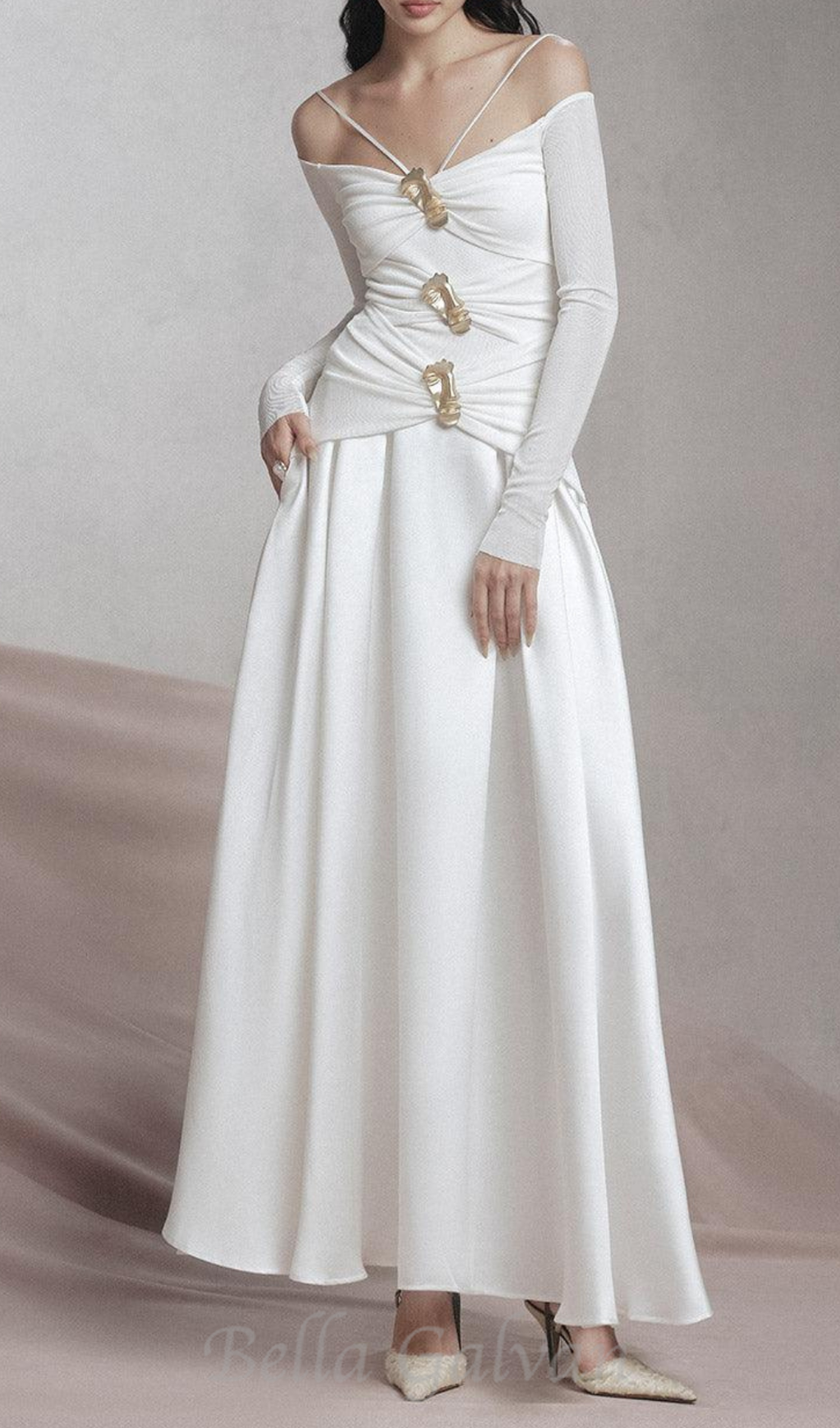 Flowering Girl Women white A-line Cold Shoulder Sleeved Spandex Taffeta Maxi Dress
