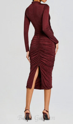 Flowering Girl Women Diamond embellished pleated Midi Dress in merlot