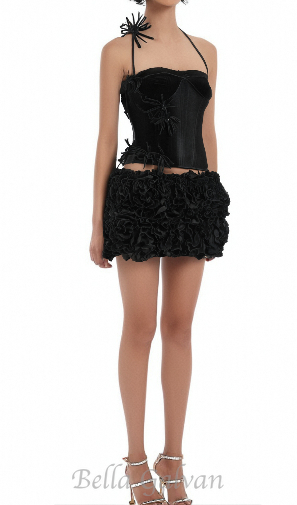 Flowering Girl Women velvet corset floral mini skirt suit in black