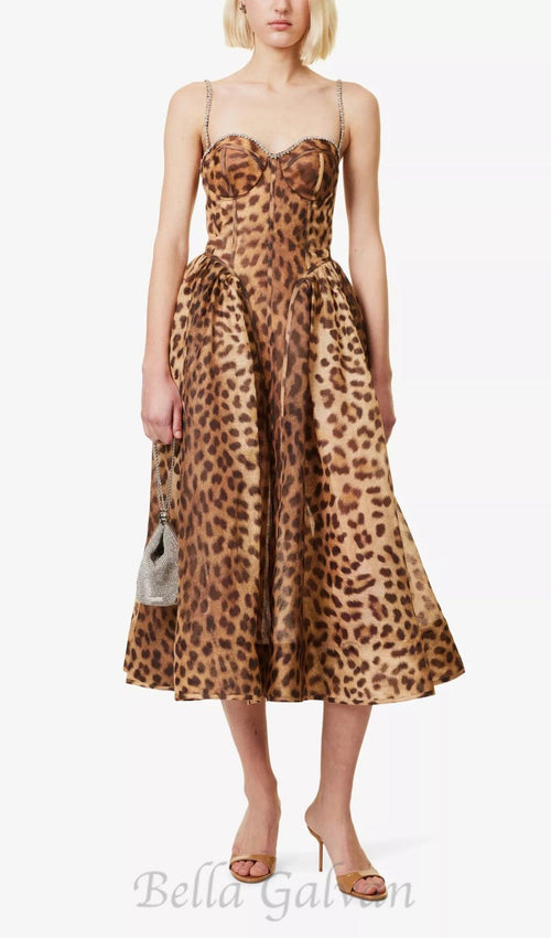 Flowering Girl Women Animal Print Crystal Bustier A Line Midi Dress