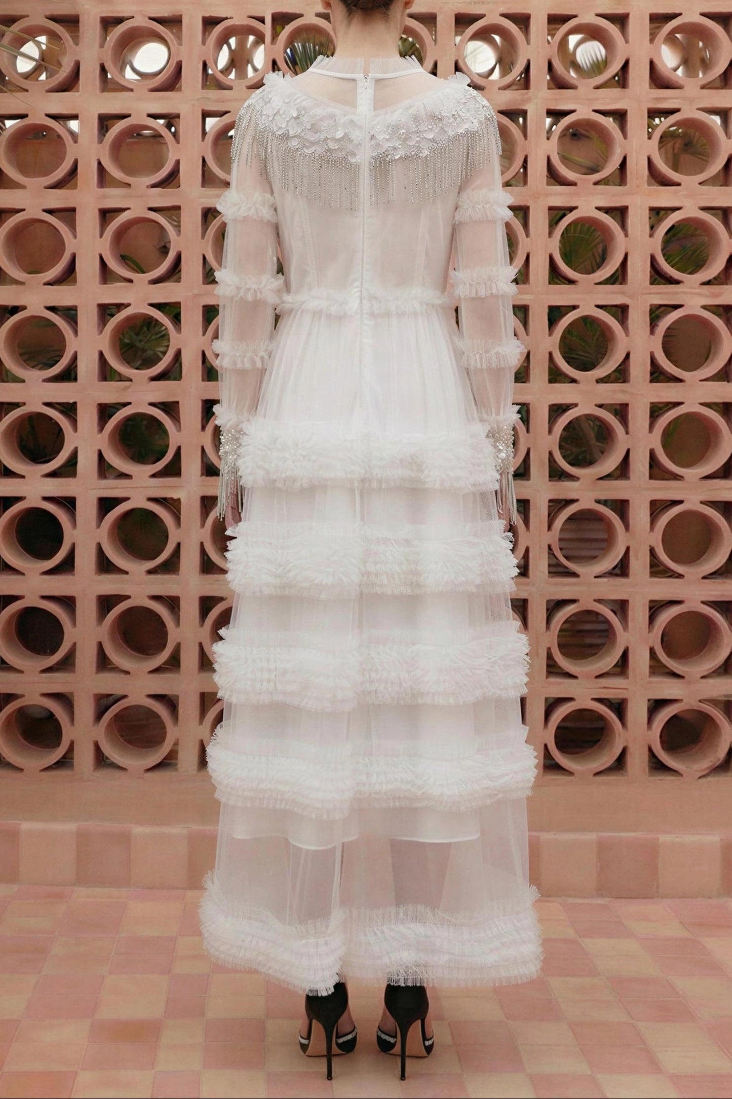 kimberley white Beaded Frill Round Neck Midi Dress