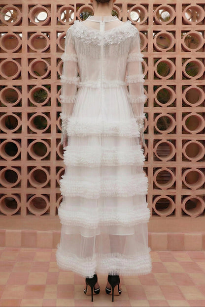 kimberley white Beaded Frill Round Neck Midi Dress