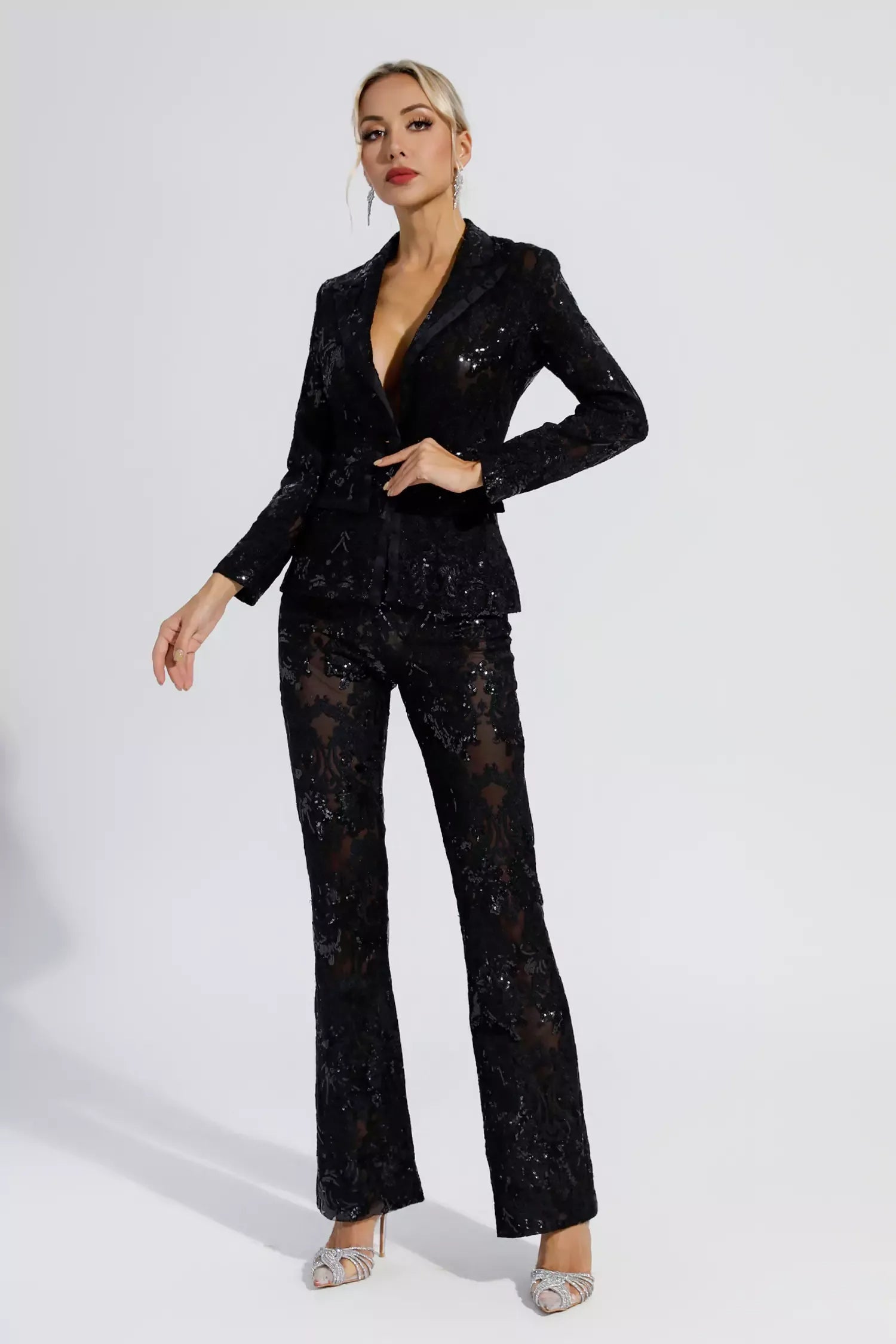 Vicky Black Cutout Floral Embroidered Sequin Blazer Set