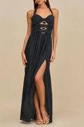 Flowering Girl Women Bonnie Halter Pleated Cutout Maxi Dress In Navy Blue