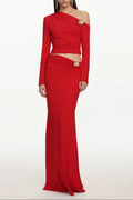 vicky metal flower Asymmetrical Long Sleeve Top skirt set - red