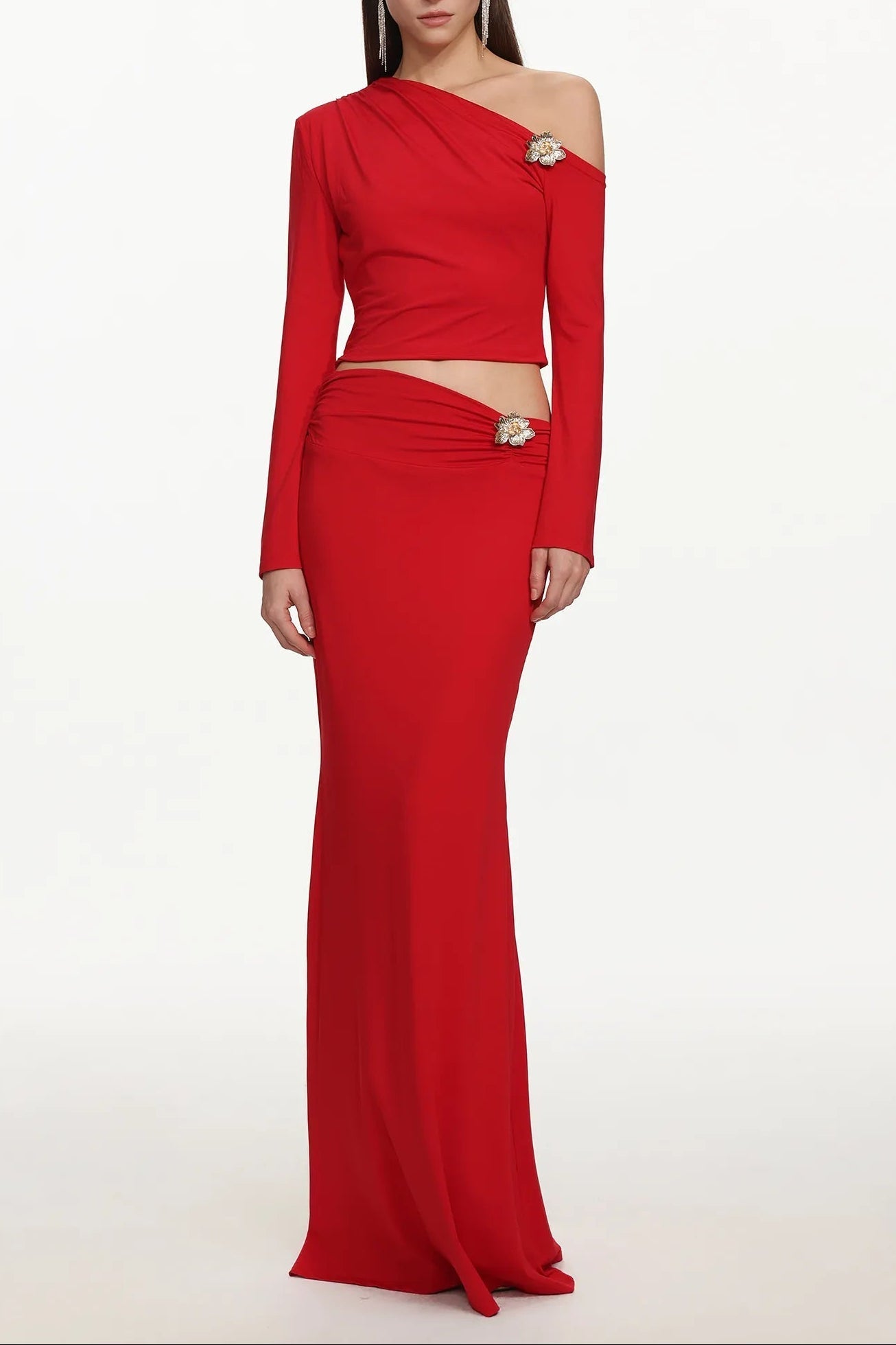 vicky metal flower Asymmetrical Long Sleeve Top skirt set - red